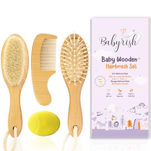Image of Babyrish Baby Brush Set for Newborn - Baby Hair Brush with Soft Goat Hair Bristles - Wooden Toddler Hair Brush with Baby Comb, Massage Brush & Cradle Cap Brush - Baby Registry Gift for Boy and Girl