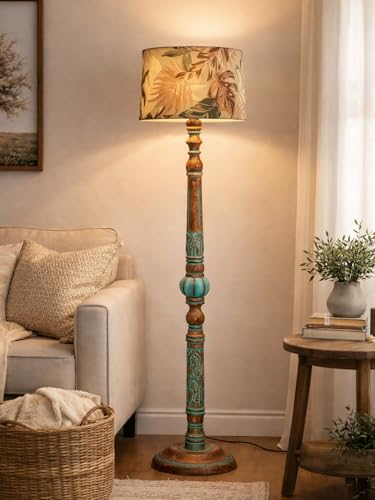 Antique Algae Handcrafted Wooden Floor Lamp with Fabric Shade | V...