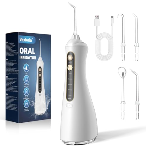 Vexloria Irrigador Bucal Portatil Water Flosser, 300ML Irrigador Dental Profesional 4 Boquillas 3 Modos, Inalámbrico de Riego para Limpieza Dental IPX7 Impermeable Para el Hogar y Viajes Blanco S02