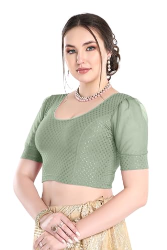 Image of FINESTFIT Stay On Trend Fashion 100% Cotton Readymade Blouses for Women,Round Neckline with Organza Balloon Sleeves.