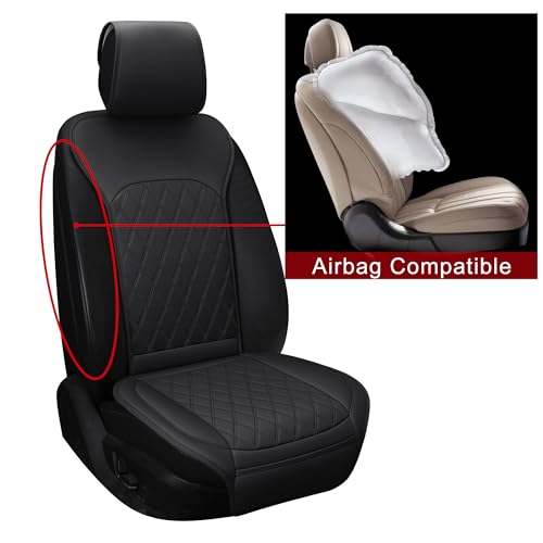 Image of Front Car Seat Covers - Leather Seat Covers with Storage Pocket and Two Belt Pads, Anti-Slip Waterproof Universal Seat Covers for Cars Fit Cars Trucks SUV(Black,2 Pack)