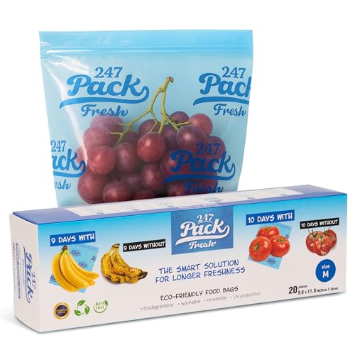 Freshpack 247 Zipper Bag, Size M 10×12 inches (1.05 gallon) – Reusable Food Storage Bags, & Bags, Helps Keep Food Fresh up to 3× Longer – Biodegradable, BPA-Free, UV-Shielded, Washable, SGS Tested