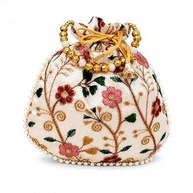 M.F.H Embroidered Floral Potli Bag for Women | Potli Purse with Pearl Lace & Golden Bead Handle | Wedding Pouch for Bridal, Party, Return Gifts, Rakhi, Diwali & Wedding Functions-picture-12
