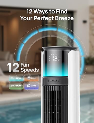 Image of DREO Smart Tower Fan for Outdoor & Indoor Use, 33 ft /s High Velocity, 12 Speeds, 4 Modes Standing Floor Fan, 150 Customizable Oscillating, 20 dB Quiet DC Motor for Bedroom, Weather Resistant