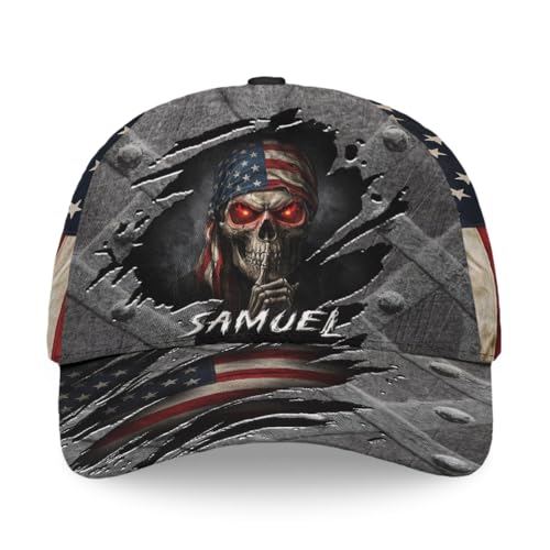Image of Skull Baseball Cap for Men, Grim Reaper Death Crack Old Metal with Flag, Men's Hat, Adjustable Motorcycle Soft Caps