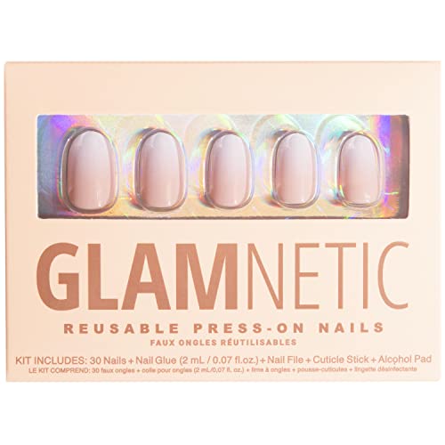 Glamnetic Press On Nails - Creamer | UV Finish Neutral Ombre Short Round Nails, Reusable | 15 Sizes - 30 Nail Kit with Glue