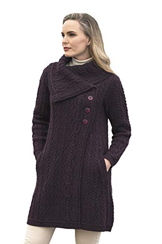 Image of Aran Crafts Women's Cable Knit Soft Collar 3 Button Coat (100% Merino Wool)