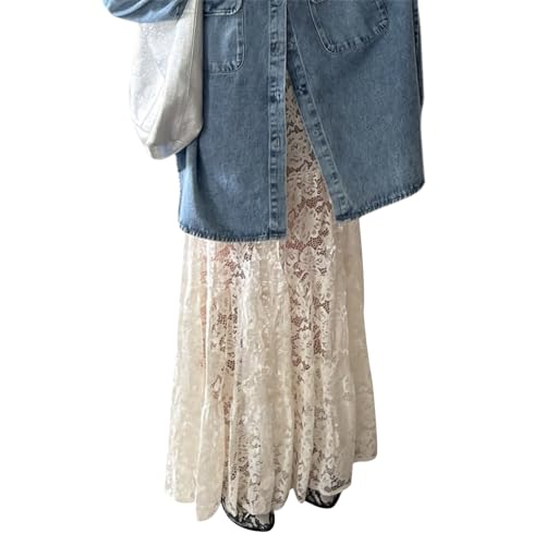 Women Crochet Knit Maxi Skirt Boho Eyelet Embroidery Ruffle Long Skirts Elastic Waist Flowy A-Line Beach Maxi Skirt