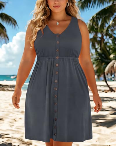 Image of Holipick Women's Plus Size Summer Dresses for Women Casual Dress with Pockets A-Line Swing Button Down Sleeveless V Neck