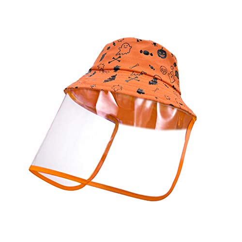 Halloween Kids Face Shield Hat, Anti Saliva Protective Hat, Detachable Bucket Hat, Sun Caps Outdoor UV Protection Dustproof for Boys Girls. Orange