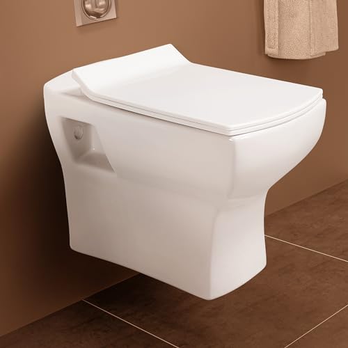 Image of Hindware Italian Collection Fluid Wall Hung Western Commode with Duroplast Seat Cover for Bathroom | Made of Ceramic | Star White | Geomteric Shape | Wall Mount Ewc