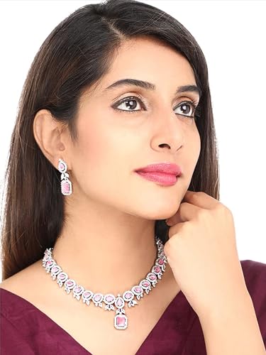 Image of Yellow Chimes Jewellery Set for Women and Girls American Diamond Jewellery Set | Rosegold Rhodium Plated AD Necklace Set for Women | Birthday Gift for Girls & Women
