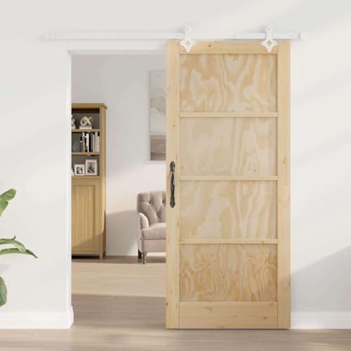 IKAYAA Puertas Granero de Madera con Herrajes, Puerta Corrediza 86 x 198.5 cm, Puertas Interior para Sala de Estar Salón Cocina, Natural y Blanco