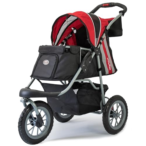 Hundewagen/Katzenwagen - Innopet Comfort EFA Eco schwarz/rot – faltbarer Hundebuggy für Waldwege & Strand, geländegängig, pannensichere 30cm Räder – 2 Leinen innen - Haustierwagen