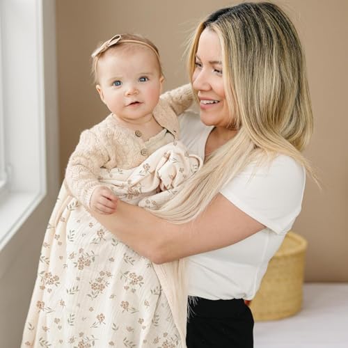 Konssy Muslin Swaddle Blankets for Baby Girls Boys, 3 Pack Receiving Blanket Large 47 x 47 inches, Soft Breathable Muslin Baby Blanket for Unisex Newborn (Peach Blossom Sun)