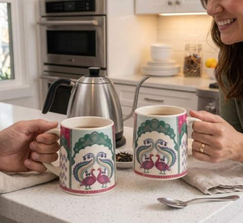 Image of Alive Peacock Art Printed Ceramic Tea /Coffee Mug Set of 2 (300 ml) | Microwave & Dishwasher Safe |Premium Ceramic Mugs for Home, Office & Gifting