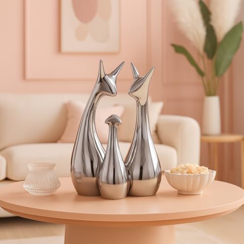 Image of Xtore Home Decor Lucky Silver Deer Statue Family Piano Finish Ceramic Figures - (Set of 3, Silver Set)