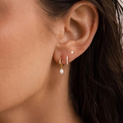 VRIUA 3 Pairs Gold Earrings Set - 14K Gold Plated Stacks Earring Bow Pearl Butterfly Heart Clover Star Moon Diamond Starburst Huggie Hoop Earrings for Women Trendy Jewelry2