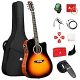 Vangoa Electric Acoustic Guitar Kit for Beginners Adults Full Size Cutaway Electric Acoustic Guitar Bundle Set with Built-in Pickups Bag Tuner Strap Capo Picks Cable, Glossy Sunburst