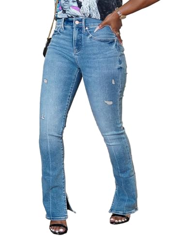 Flamingals Bootcut Jeans for Women High Waist Causal Split Hem Ripped Wash Detail Jeans
