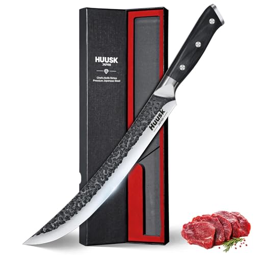 Huusk Butcher Knife for Meat Cutting, 10 Inch Curved Carving Knives with Wood Handle, Japanese...
