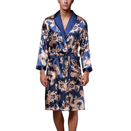 Men's Long Sleeve Robe Satin Pjs Long Summer Luxury Bathrobe Spring Lightweight Cool Knee Length Pajamas