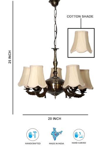 Image of Devansh 05-Light Conical Off-White Cotton Shade Chandelier - Antique Golden Finish | Adjustable Cord | Warm Glow Lamp - Ceiling Light for Living Room, Dining Area, Bedroom & Entryway Decor - D12
