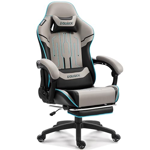 Dowinx Ergonomic Gaming Chair with Footrest, Reclining Gamer Chair for Adults, High Back Computer Office Chair with Lumbar Support & Linkage Armrests,Grey