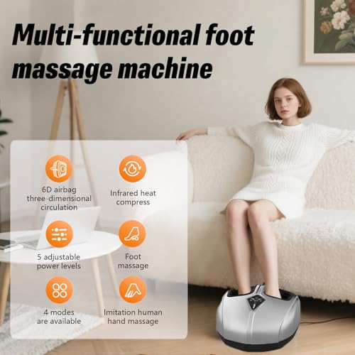Shiatsu Foot Massager with Heat,Vibration,Air Compression and Deep Kneading,4 Modes + 2 Heat Levels + 5 Intensities,Quiet Design and Washable Sleeves,Present for Women and Men