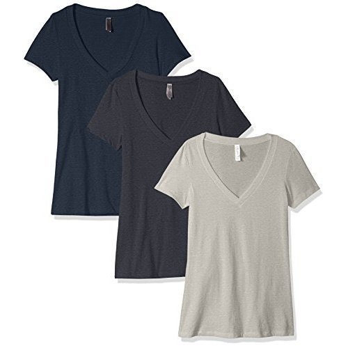 Clementine Apparel Women's Petite Plus Deep V Neck Tee (Pack of 3), Charcoal Grey/Dark Heather Gray/Midnight Navy, L