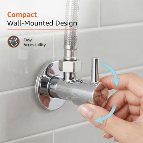 Image of Amazon Basics Angle Valve | Stainless Steel Body with Brass Cartridge and Wall Flange | 4 Pieces | Bathroom and Kitchen Use [Chrome]