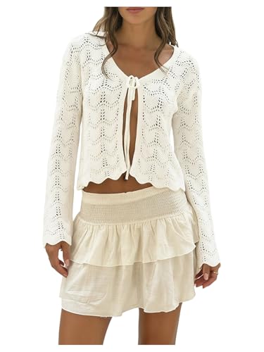 Image of SHENHE Women's Tie Front Cardigan Trumpet Sleeve Pointelle Knit Crop Tops