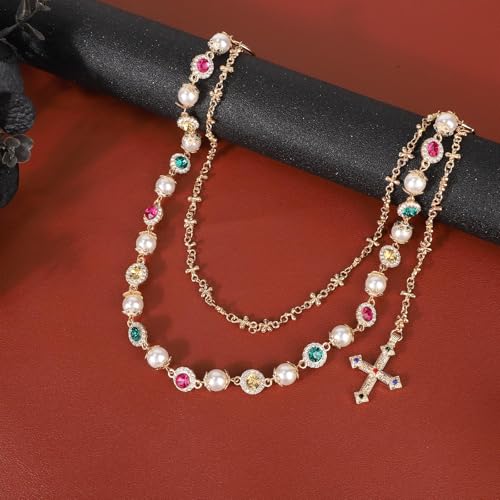 Pants Chain, Alloy Double Layer Pearl Wallet Chains with Crucifix Pendant Stylish Jeans Accessory Personalized Jewelry for Women Men Pocket Pants3