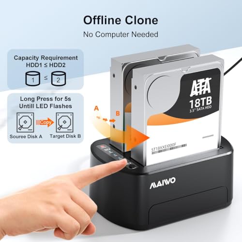 Image of MAIWO External Hard Drive Docking Station for 2.5 /3.5 inch SATA HDD /SSD with Offline Clone, 5Gbps Support UASP, 36TB Capacity, Dual Bay USB 3.0 to SATA Adapter Duplicator