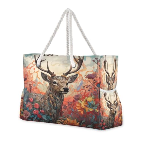Beautiful Deer and Flower Beach Bag & Travel Tote Bag Large Sandproof with Zipper Closure, Wet Pouch for Swim Gym Travel, Lightweight Foldable Outdoor Bag