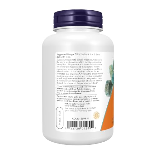 Image of NOW Foods Supplements, Magnesium Glycinate 100 mg, Highly Absorbable Form, 180 Tablets