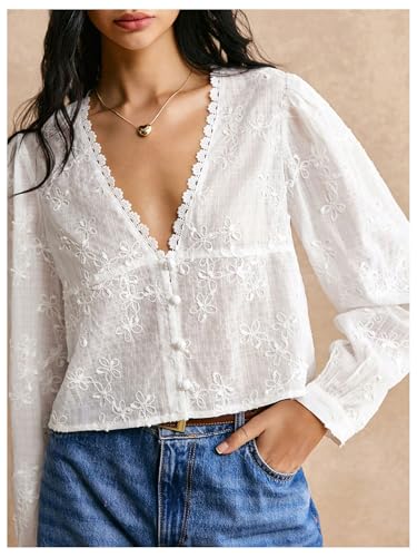 SHENHE Women's Floral Embroidered Long Sleeve Button Crop Blouse Sheer Dressy Top Shirt2
