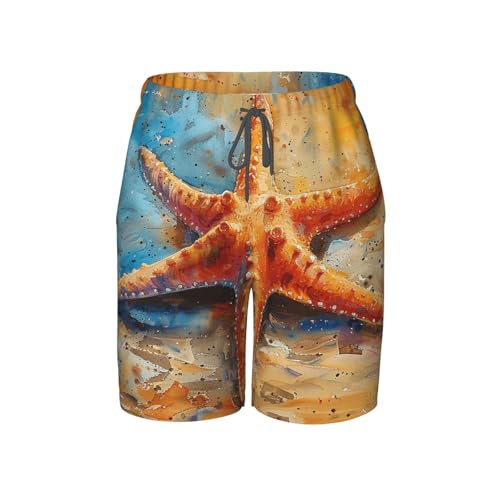 Boys Beach Board Shorts Swim Trunks Teen Kids Quick Dry Bathing Suits, Watercolor Starfish Cool