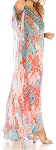 Sakkas Wilder Printed Design Long Sheer Rhinestone Caftan Dress/Cover Up4