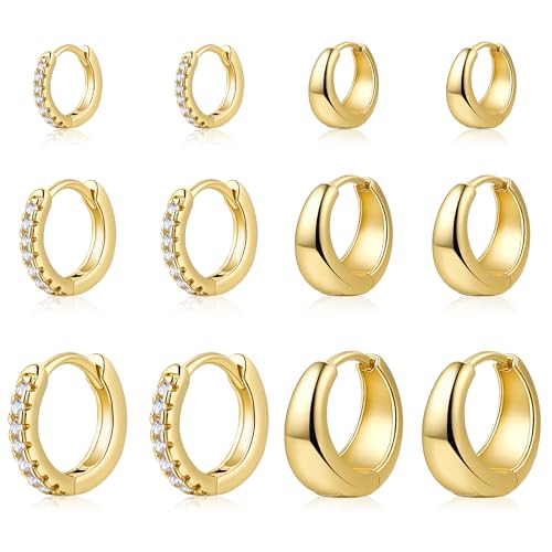 ALLHOLA 6 Pairs 14K Gold Plated Hoop Earrings for Women Hypoallergenic Small Huggie Hoops Earring Set for Sensitive Ears Non Tarnish Trendy Chunky Gold/Silver Earrings Cartilage Stacks for Multiple Piercing Jewelry Lightweight (Gold hoops CZ)