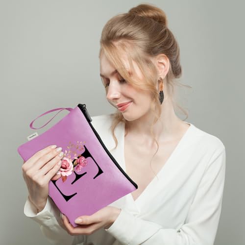 Image of Vavabox A-Z Personalized Makeup Bag, Birthday Gifts for Women Mom, Gifts for Best Friend, Bride Bridesmaid Cosmetic bag (E, Purple)