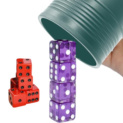 Dice Stacking Cup(Green) Set with 4 Pcs 19mm(Puple) and 5 Pcs 18mm(Red) Standard 6 Sided Dices, with Storage Bag-Magic Tricks Instruction