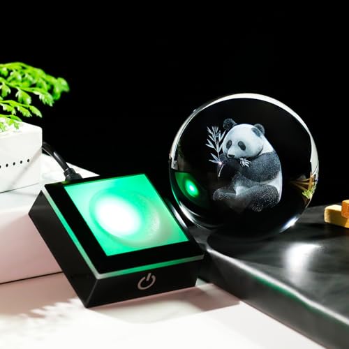 Image of Arikyrist 3D Panda Figurine Crystal Ball with Colorful Light Base, Panda Gifts for Women Men on Christmas Birthday, 3D Laser Engraved Pandas Full Sphere Glass Decorative Ball for Home Office (80mm)