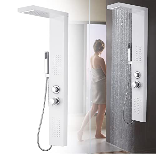 YRHome Système de douche à effet pluie - Panneau de douche en acier inoxydable - Avec douchette à main - Douche à effet pluie - Douche de massage - Douche à main - Douche cascade - Blanc mat