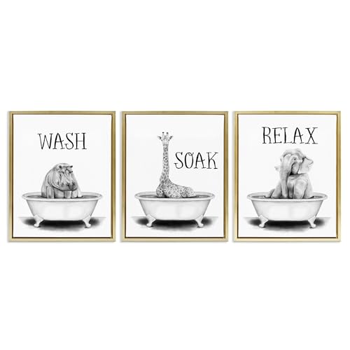 Image of Jungle Animals Bathroom Signage, 24 x 30 Inch Canvas in Floater Frame Set | Stupell Industries . By Rachel Nieman . Ready to hang . Great for bath and laundry . Made in USA