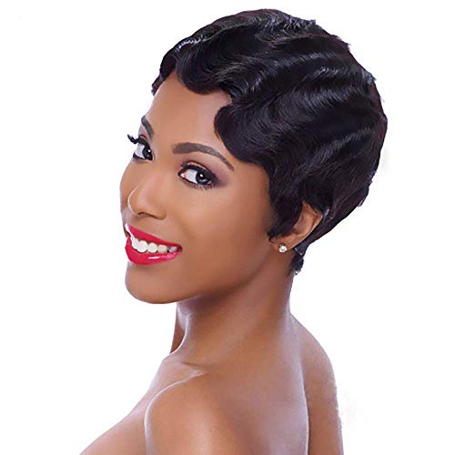 IFLY Finger Wave perruque courte perruques de cheveux humains pour les femmes noires Bob court perruques de cheveux humains océan vague perruques de cheveux humains couleur naturelle(#33) Cover
