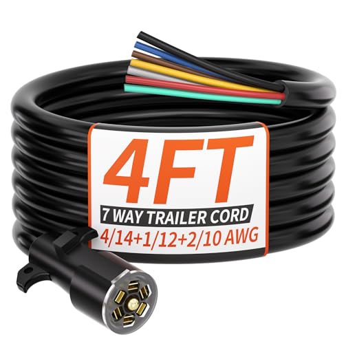 4FT 7 Way Trailer Plug Heavy Duty 4 FT 4/14+1/12+2/10 AWG 7 Pin T...