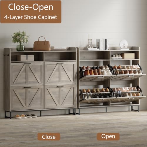 Image of Shoe Cabinet with 4 Flip Drawers, Freestanding Hidden Shoe Storage Organizer for Entryway, Narrow Slim Shoe Rack Cabinet with Open Storage & Hooks for Front Door Entrance, Living Room, Hallway, Grey