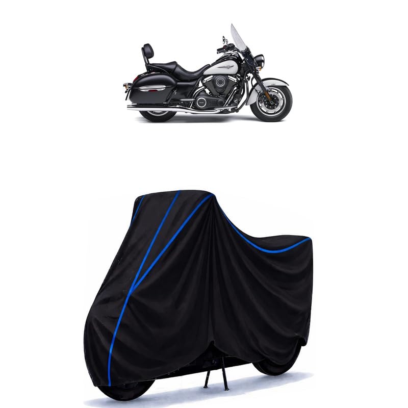 Image of Vulcan 1700 Bike Cover Water Resistant Universal Motorcycle Rain | Heavy Duty UV Protection, Dust, Scratch Indoor Outdoor All Weather with Black Blue Piping Elastic