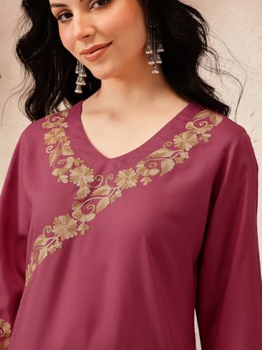 Image of QAZMI Women's Aari Embroidered Viscose Rayon V-Neck Full Sleeves Short Kurti